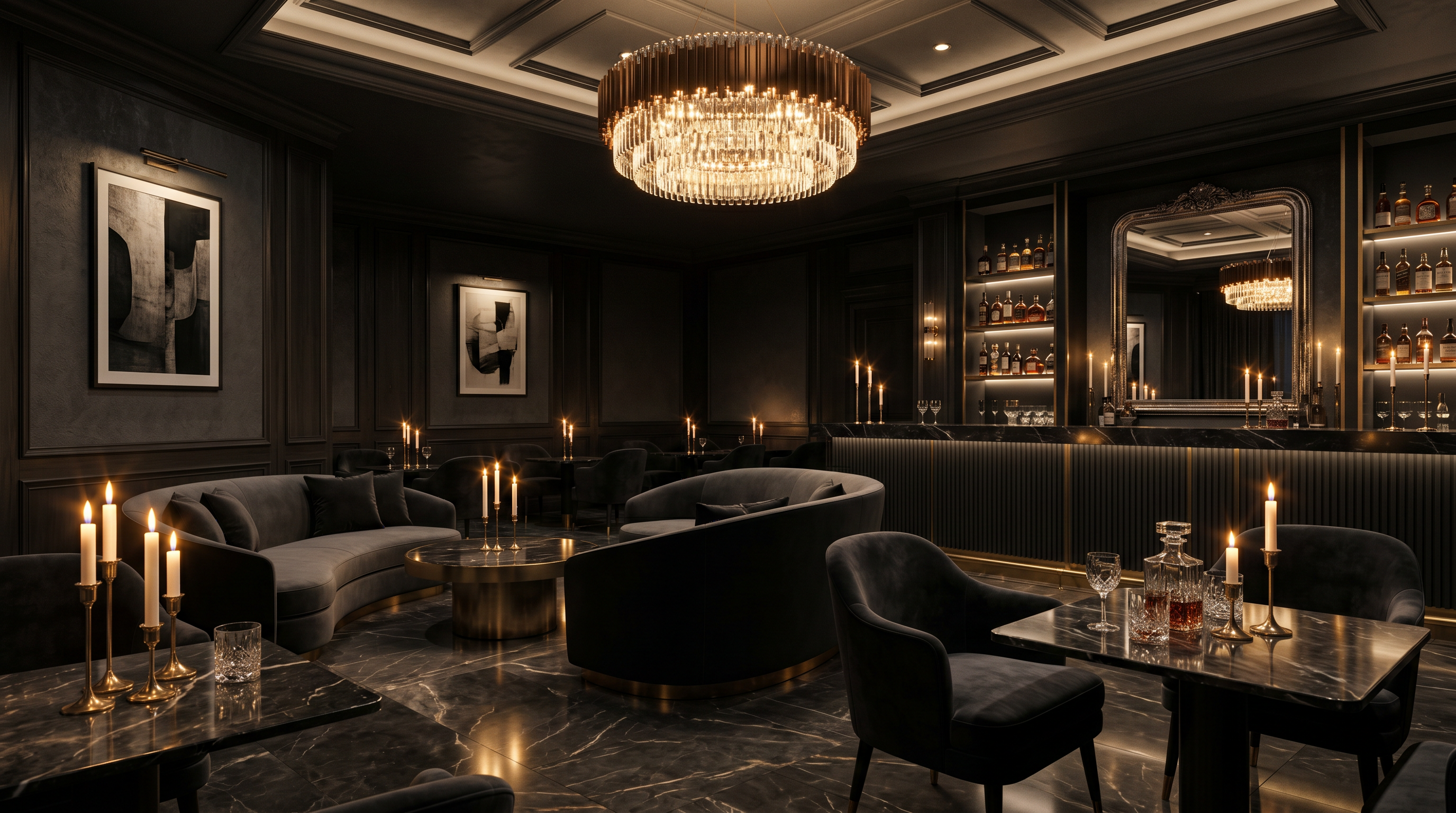 Exklusiver Private Members Club – elegante Atmosphäre mit Kerzen und Marmor
